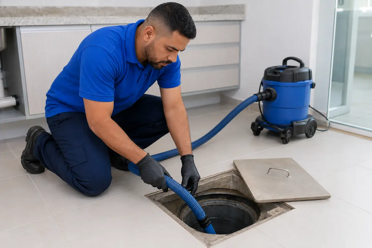 Técnico com uniforme azul limpando caixa de gordura
