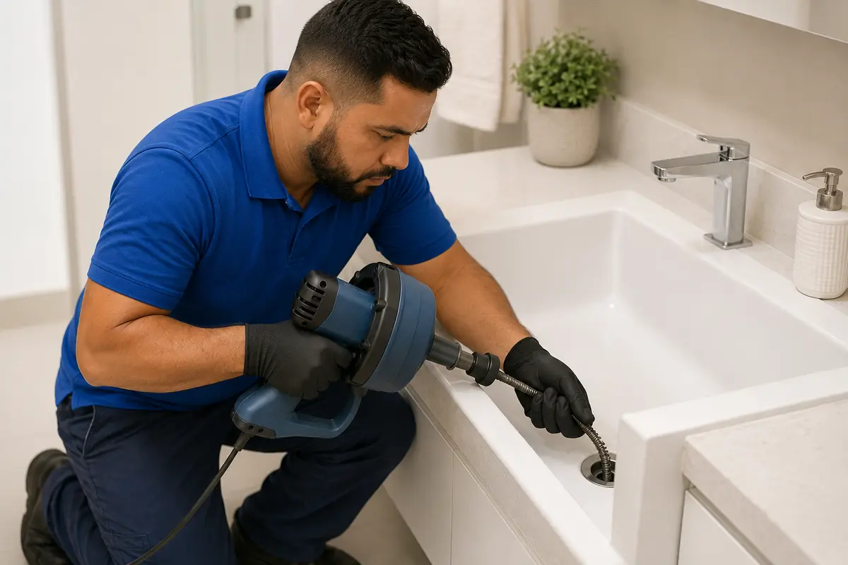 Técnico com uniforme azul desentupindo pia