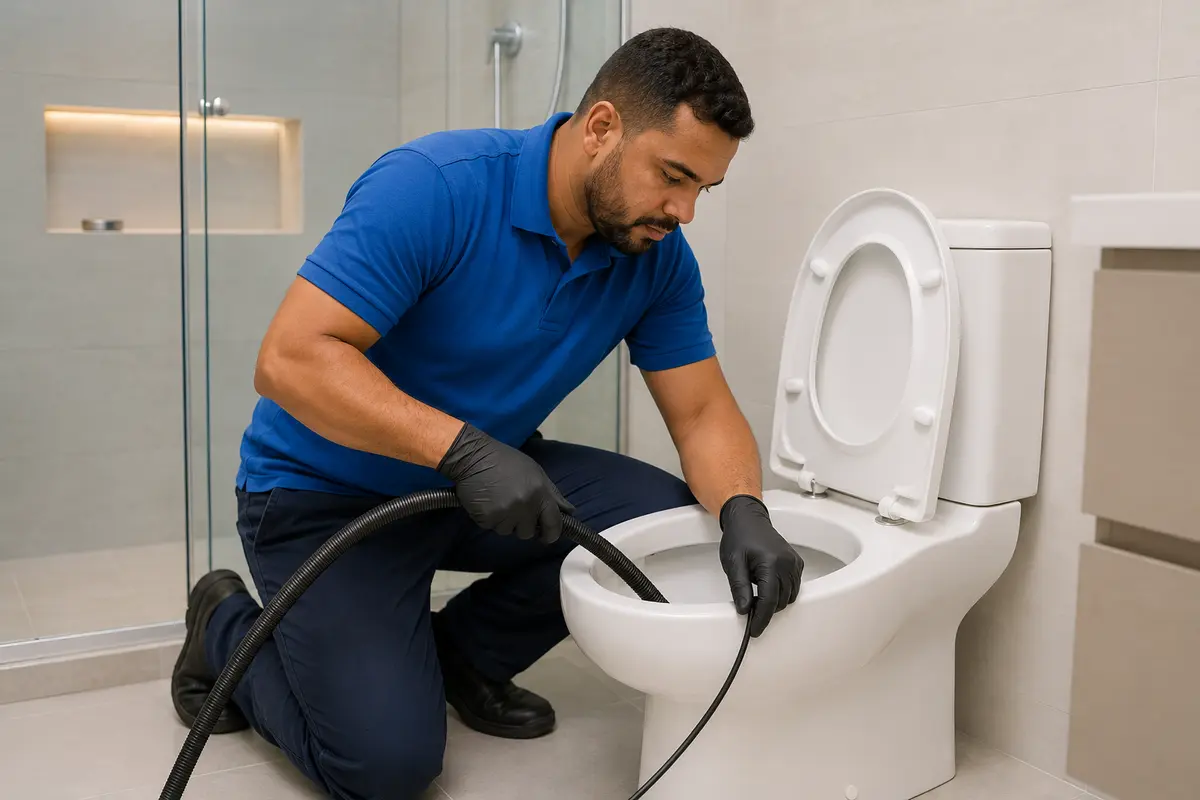 Técnico com uniforme azul desentupindo vaso